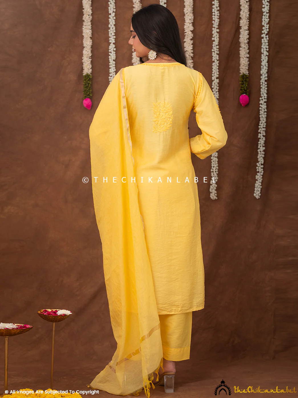 Navika Chanderi Chikankari Kurta Set with Dupatta - Yellow - Image 3