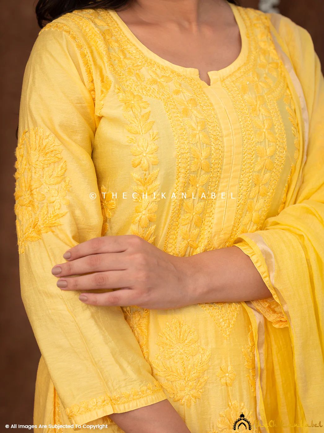Navika Chanderi Chikankari Kurta Set with Dupatta - Yellow - Image 4