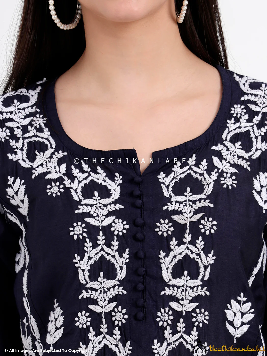 Aasia Chanderi Chikankari Kurti Palazzo Set - Navy Blue - Image 2