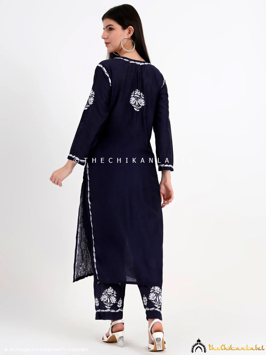 Aasia Chanderi Chikankari Kurti Palazzo Set - Navy Blue - Image 3