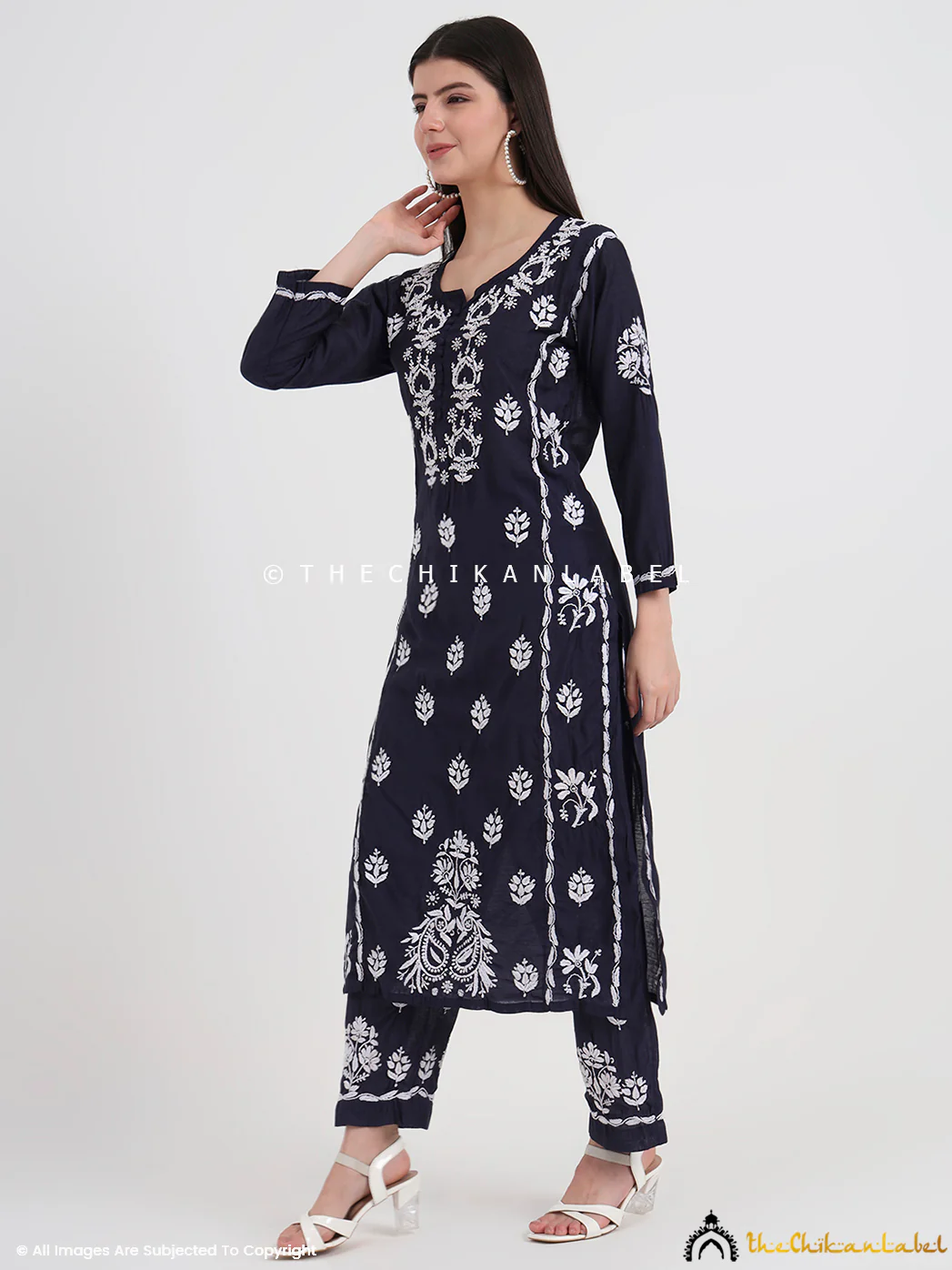 Aasia Chanderi Chikankari Kurti Palazzo Set - Navy Blue - Image 4