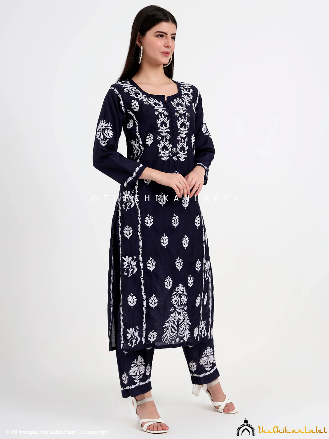 Aasia Chanderi Chikankari Kurti Palazzo Set - Navy Blue - Image 5