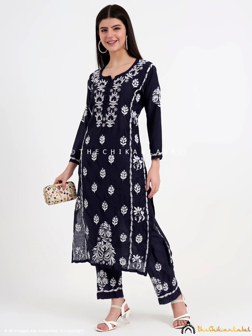 Aasia Chanderi Chikankari Kurti Palazzo Set - Navy Blue - Image 6