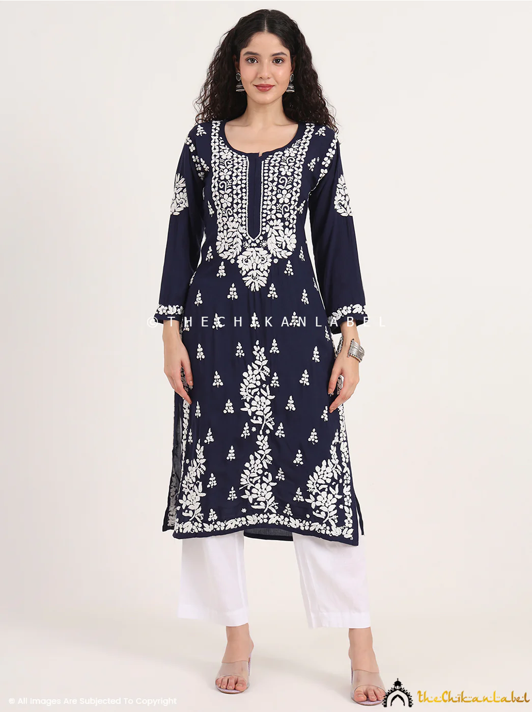 Manvi Rayon Chikankari Straight Kurti - Navy Blue