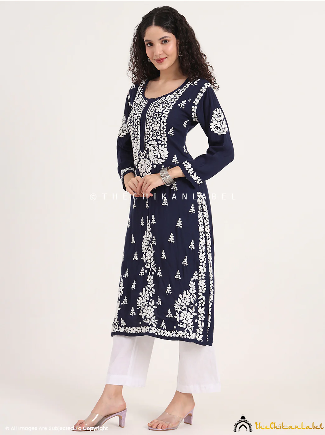 Manvi Rayon Chikankari Straight Kurti - Navy Blue - Image 2