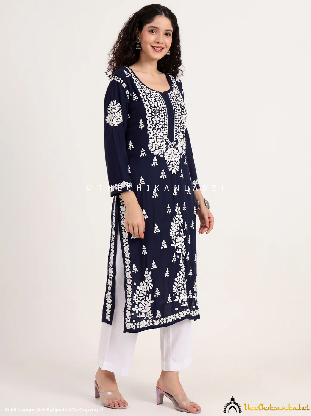Manvi Rayon Chikankari Straight Kurti - Navy Blue - Image 3