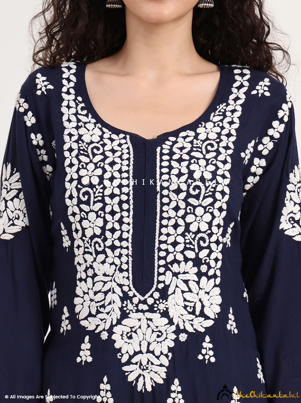 Manvi Rayon Chikankari Straight Kurti - Navy Blue - Image 4