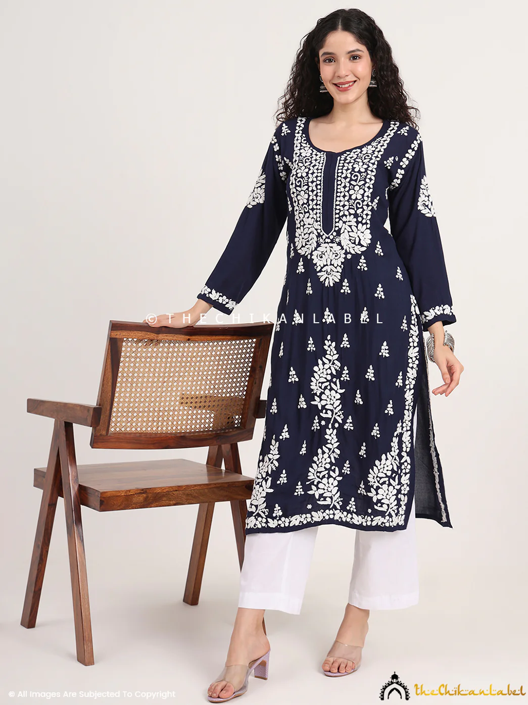 Manvi Rayon Chikankari Straight Kurti - Navy Blue - Image 5