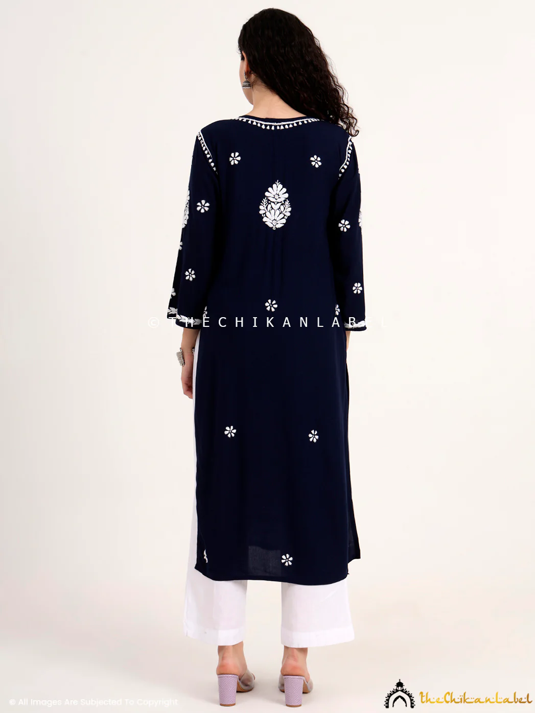 Saira Rayon Straight Chikankari Kurti - Navy Blue - Image 3