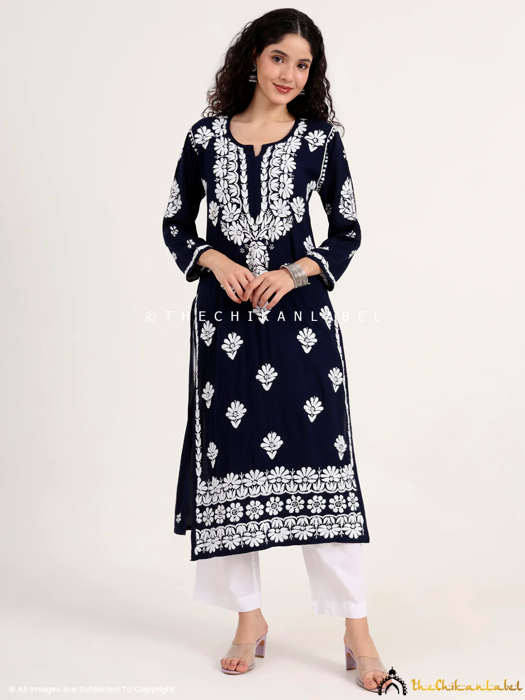 Saira Rayon Straight Chikankari Kurti - Navy Blue - Image 4