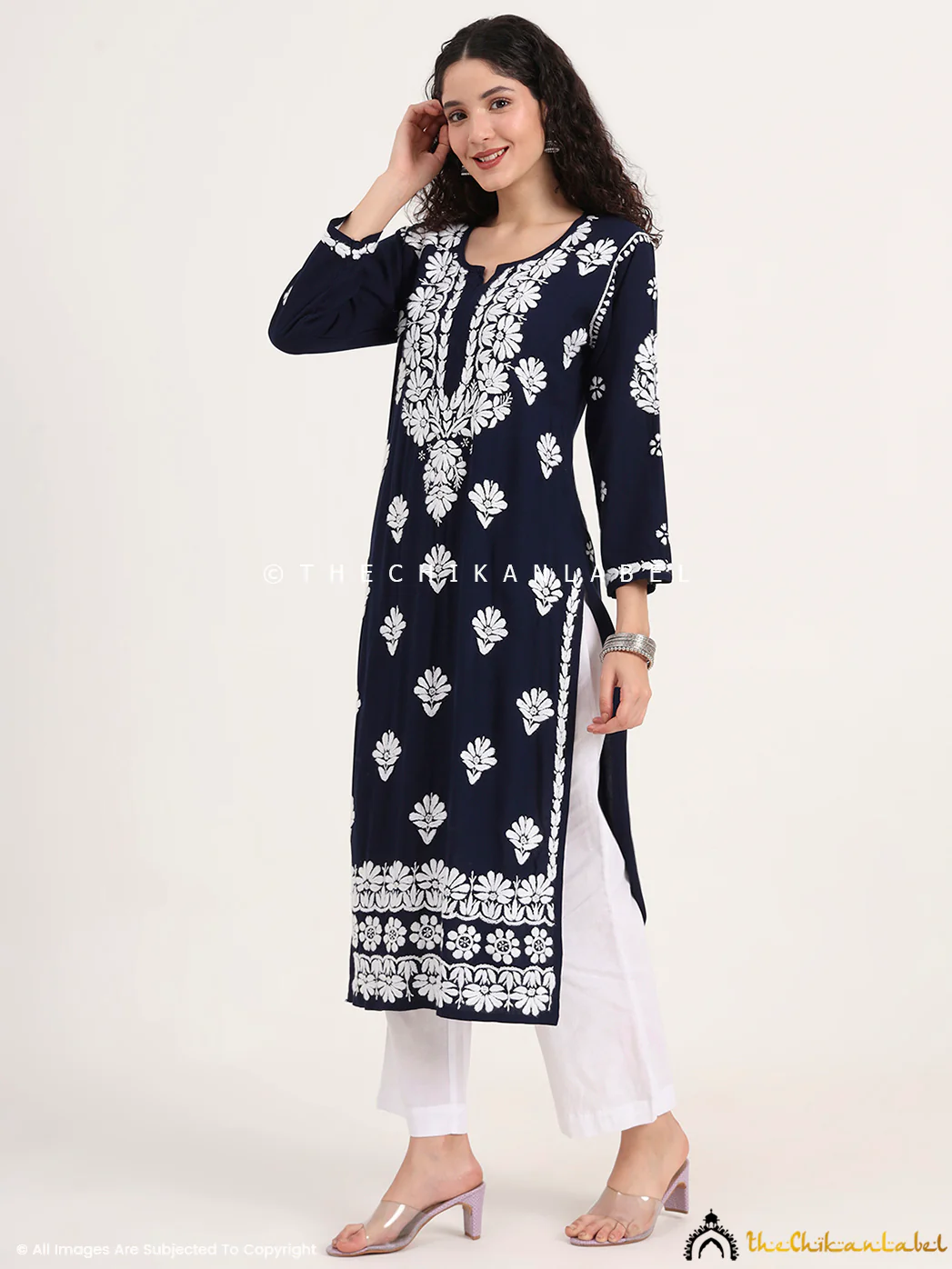 Saira Rayon Straight Chikankari Kurti - Navy Blue - Image 5