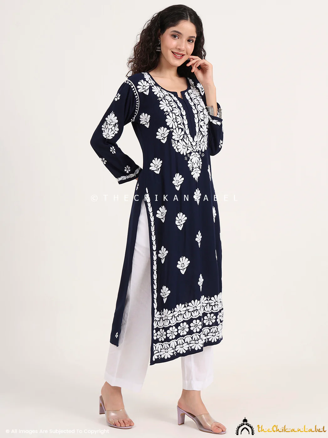 Saira Rayon Straight Chikankari Kurti - Navy Blue - Image 6