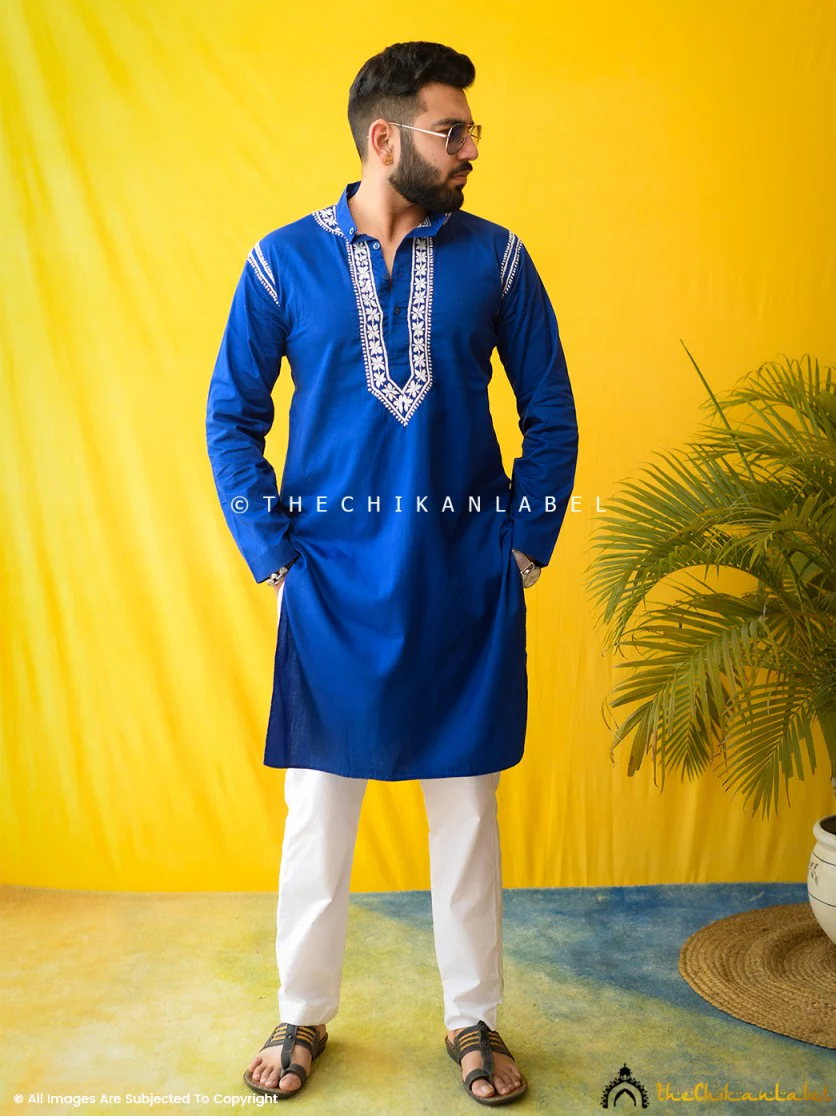 Navy Blue Uman Cotton Chikankari Men's Kurta - Image 10