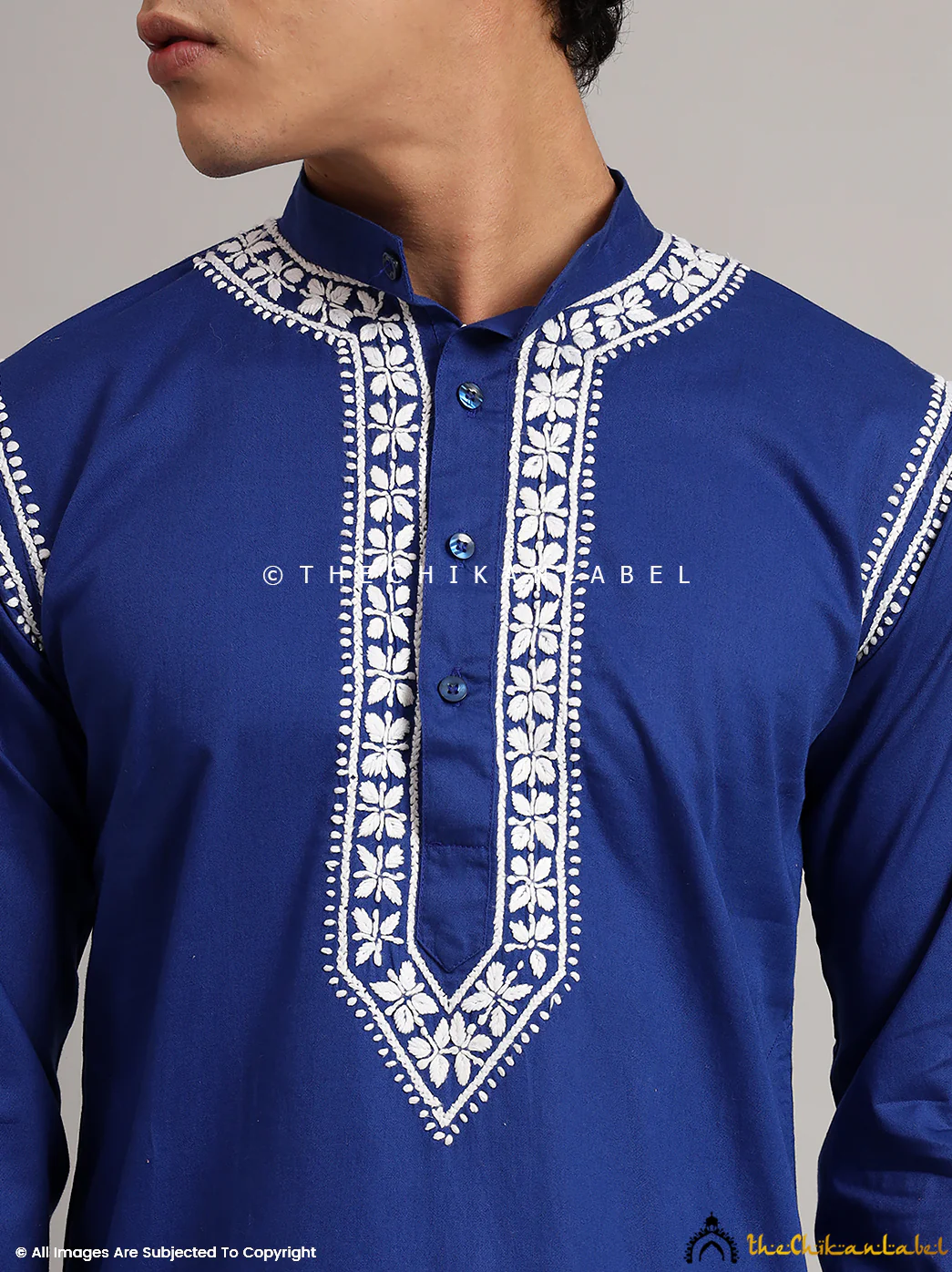 Navy Blue Uman Cotton Chikankari Men's Kurta - Image 2