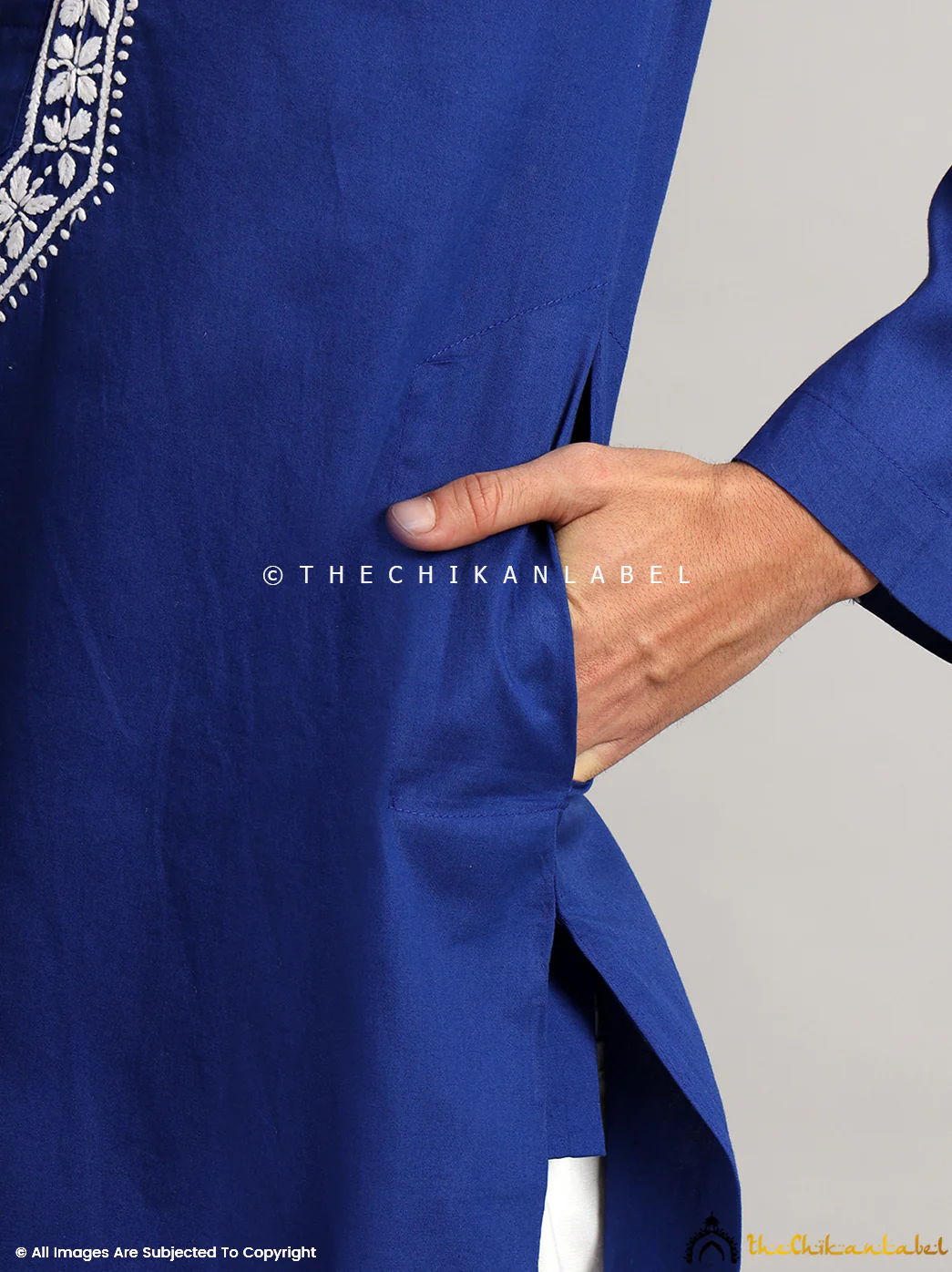 Navy Blue Uman Cotton Chikankari Men's Kurta - Image 4