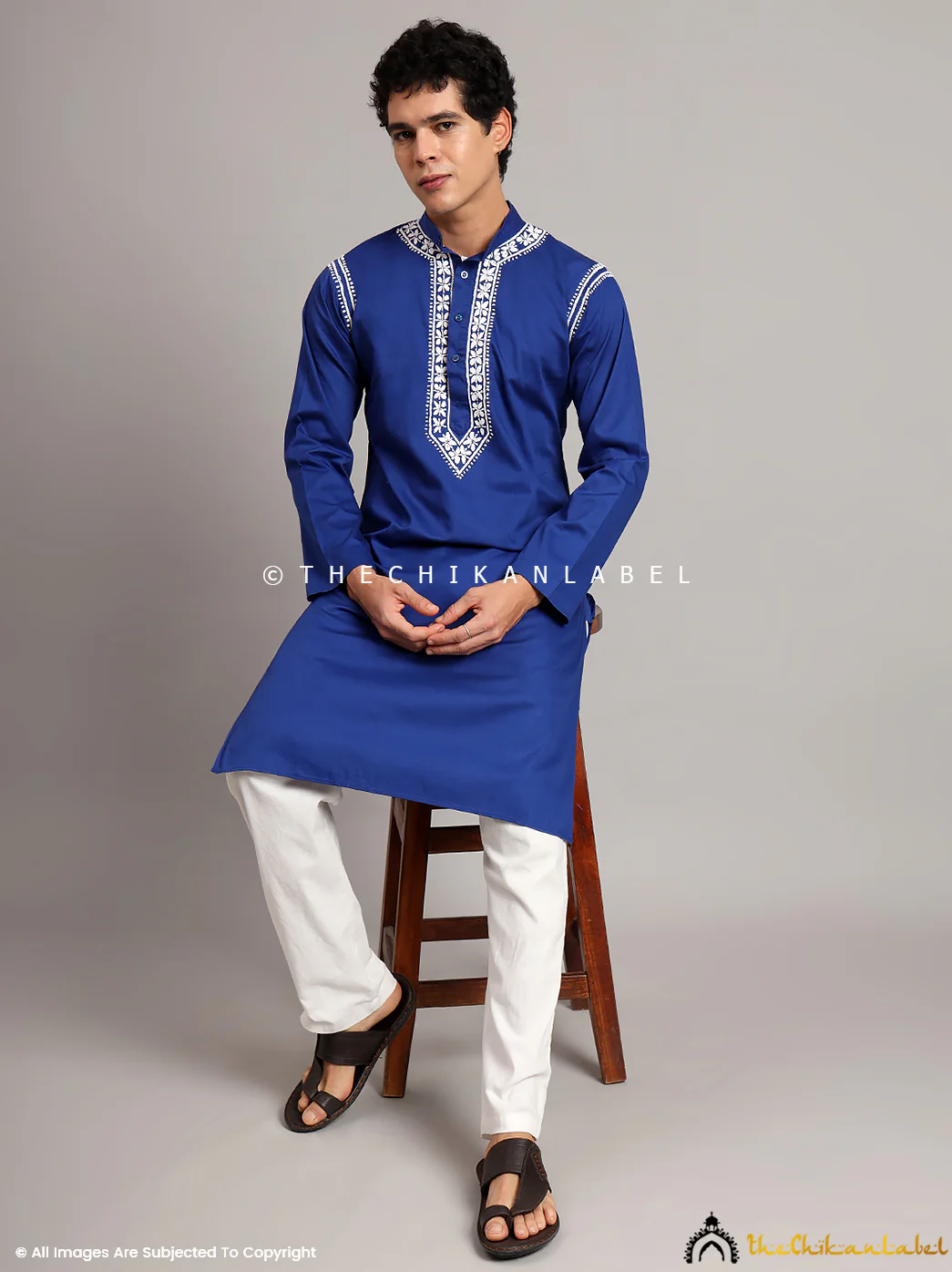 Navy Blue Uman Cotton Chikankari Men's Kurta - Image 5
