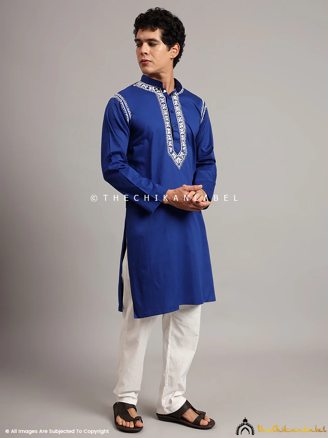 Navy Blue Uman Cotton Chikankari Men's Kurta - Image 7