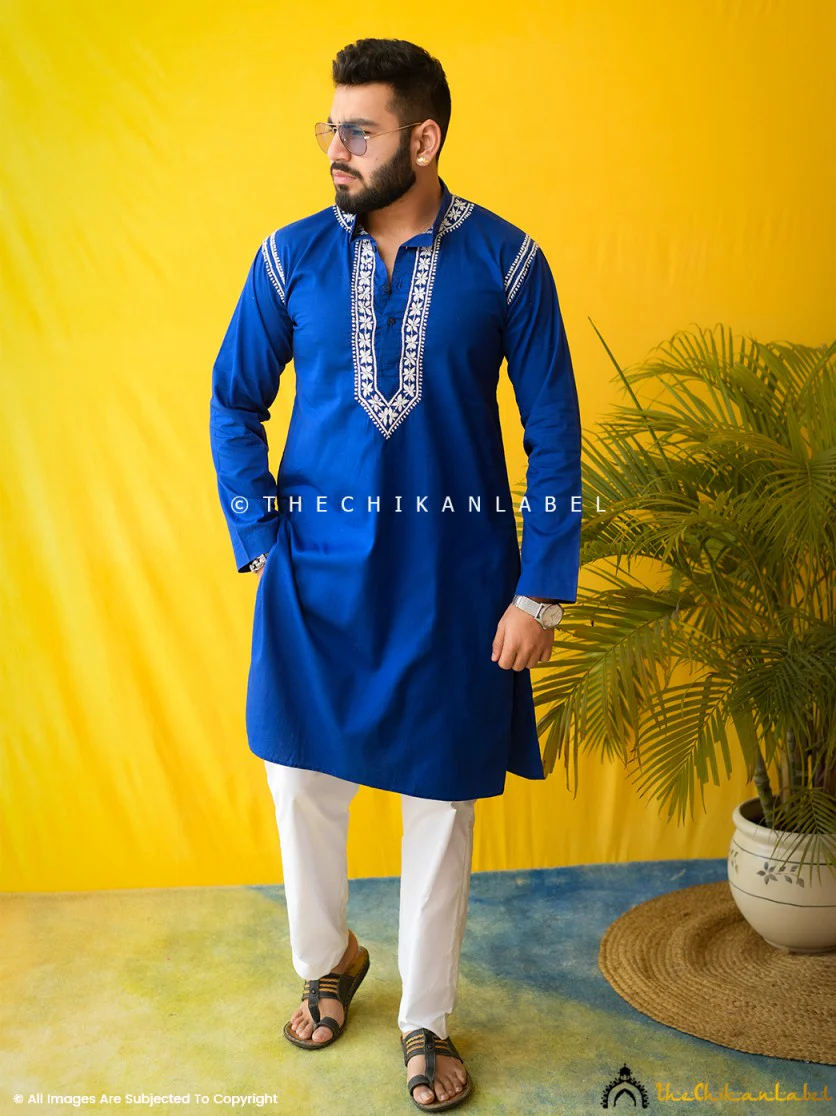 Navy Blue Uman Cotton Chikankari Men's Kurta - Image 8