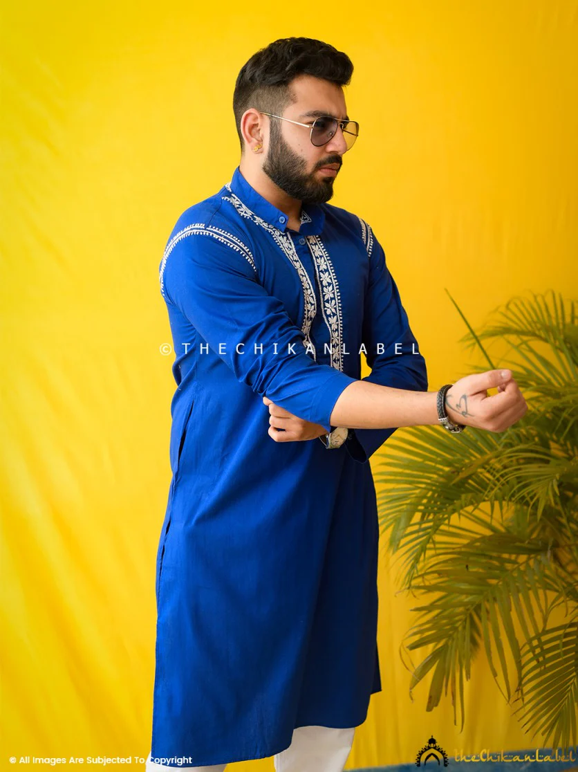 Navy Blue Uman Cotton Chikankari Men's Kurta - Image 9