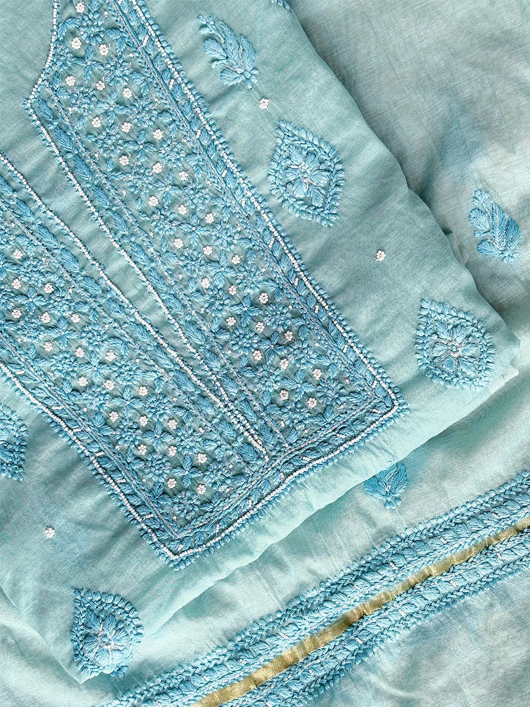 Nazila Mul Chanderi Chikankari Kurti Piece with Dupatta - Green - Image 2