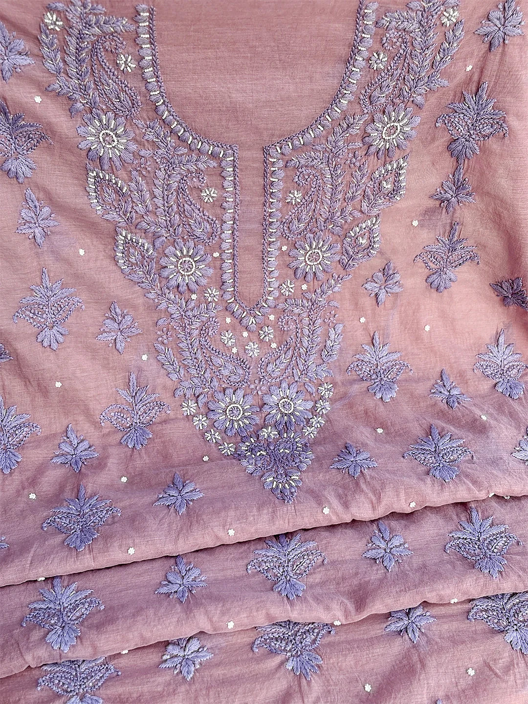 Nazila Mul Chanderi Chikankari Kurti Piece with Dupatta - Mauve - Image 4
