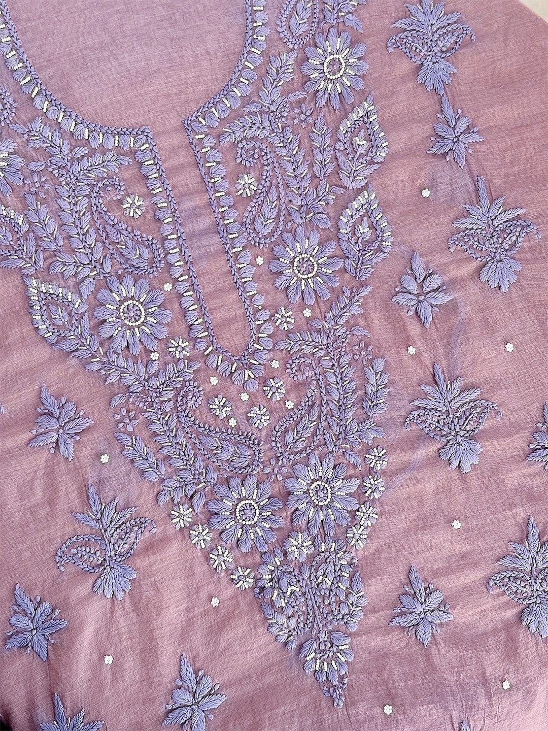 Nazila Mul Chanderi Chikankari Kurti Piece with Dupatta - Mauve - Image 5