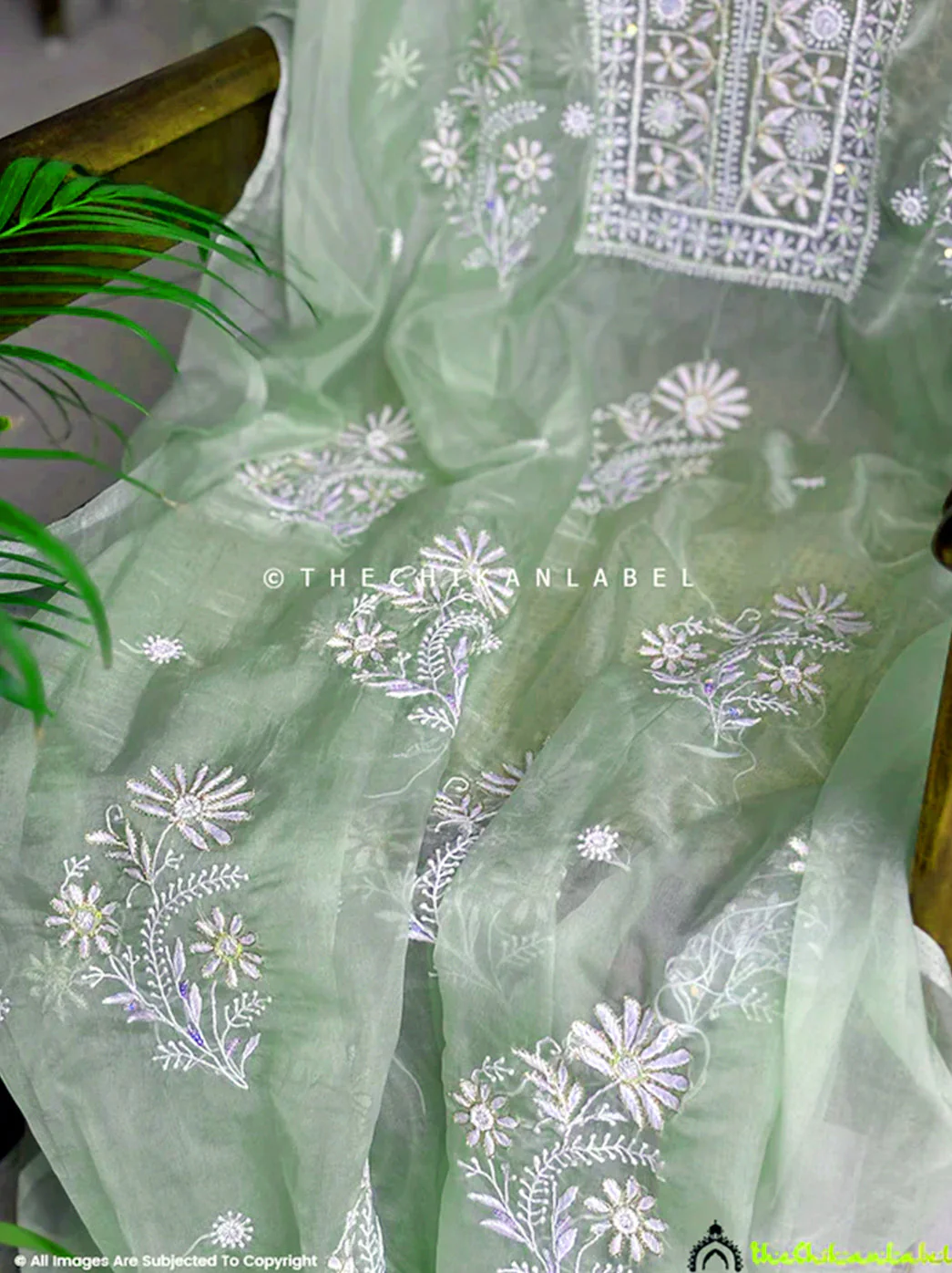 Nazrana Organza Chikankari Kurti Piece with Dupatta - Green - Image 2