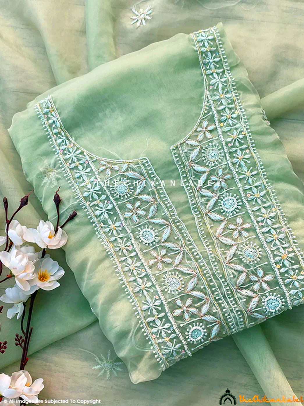 Nazrana Organza Chikankari Kurti Piece with Dupatta - Green - Image 3