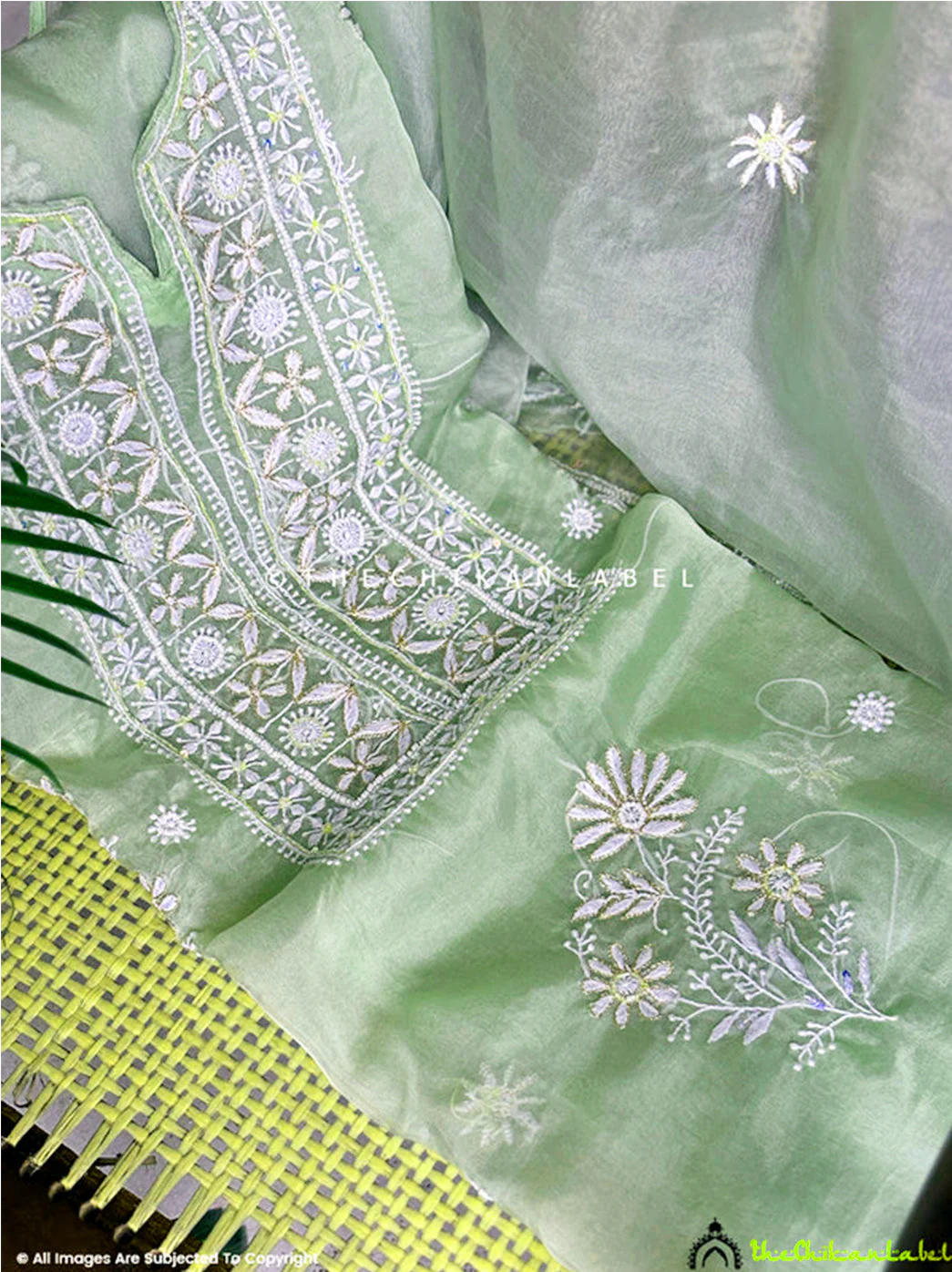 Nazrana Organza Chikankari Kurti Piece with Dupatta - Green - Image 4