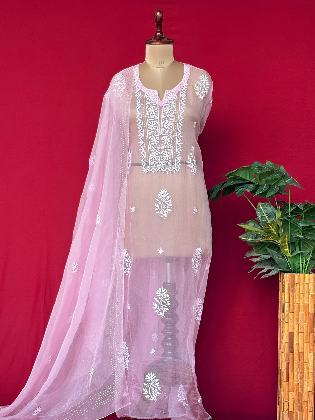 Nazrana Organza Chikankari Kurti Piece with Dupatta - Pink