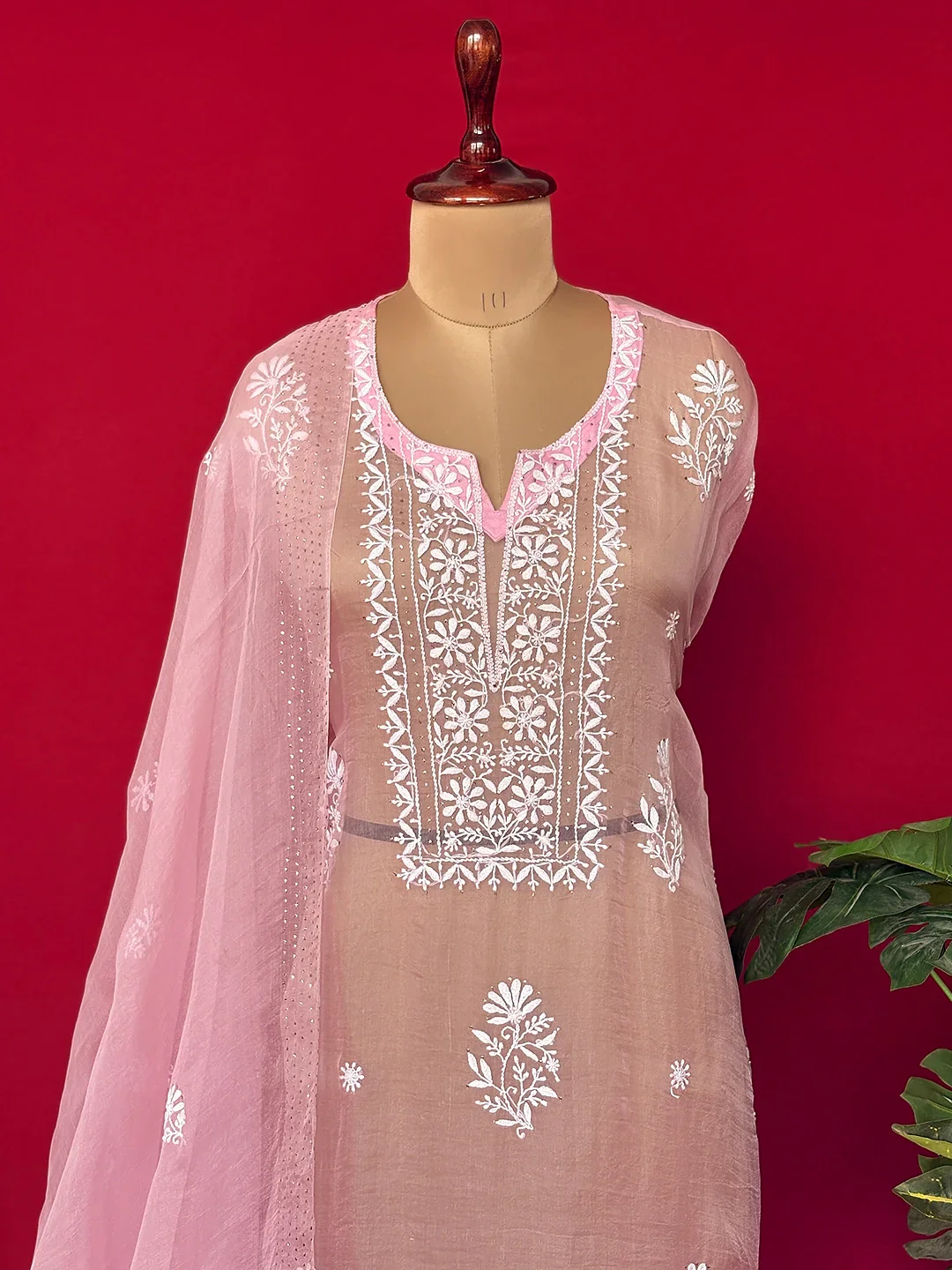 Nazrana Organza Chikankari Kurti Piece with Dupatta - Pink - Image 2
