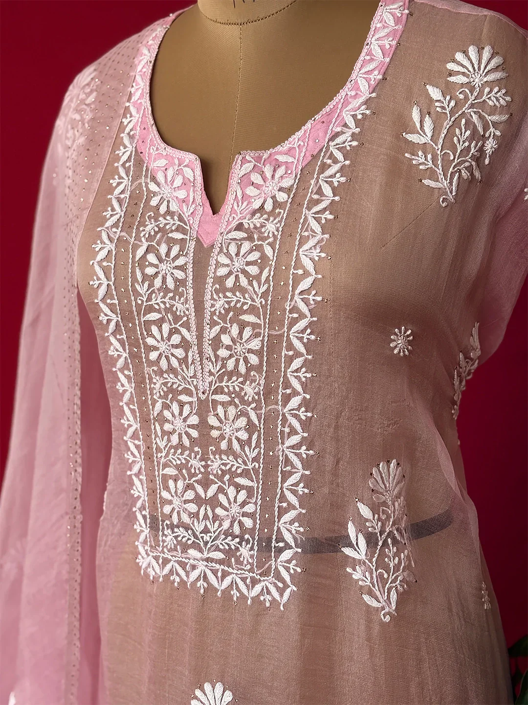 Nazrana Organza Chikankari Kurti Piece with Dupatta - Pink - Image 3