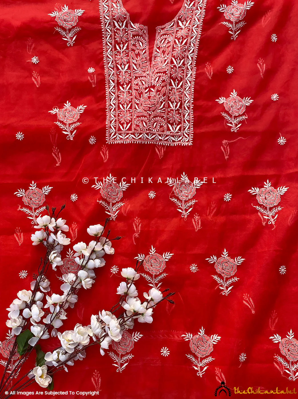Nazrana Organza Chikankari Kurti Piece with Dupatta - Red - Image 2