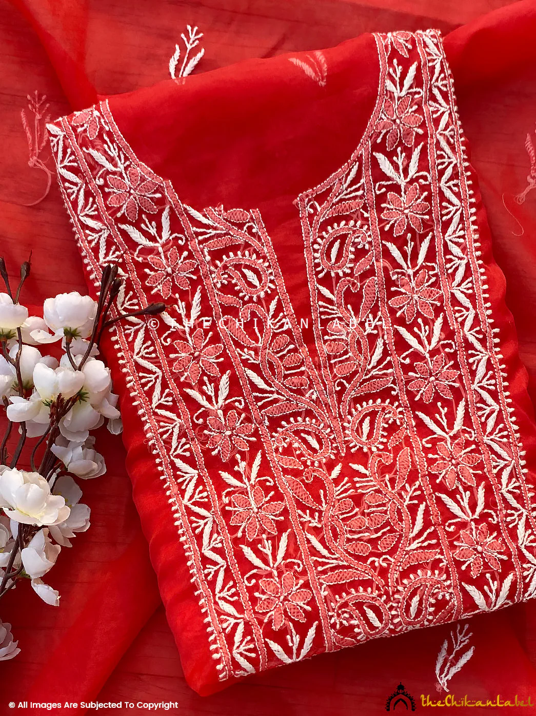 Nazrana Organza Chikankari Kurti Piece with Dupatta - Red - Image 3
