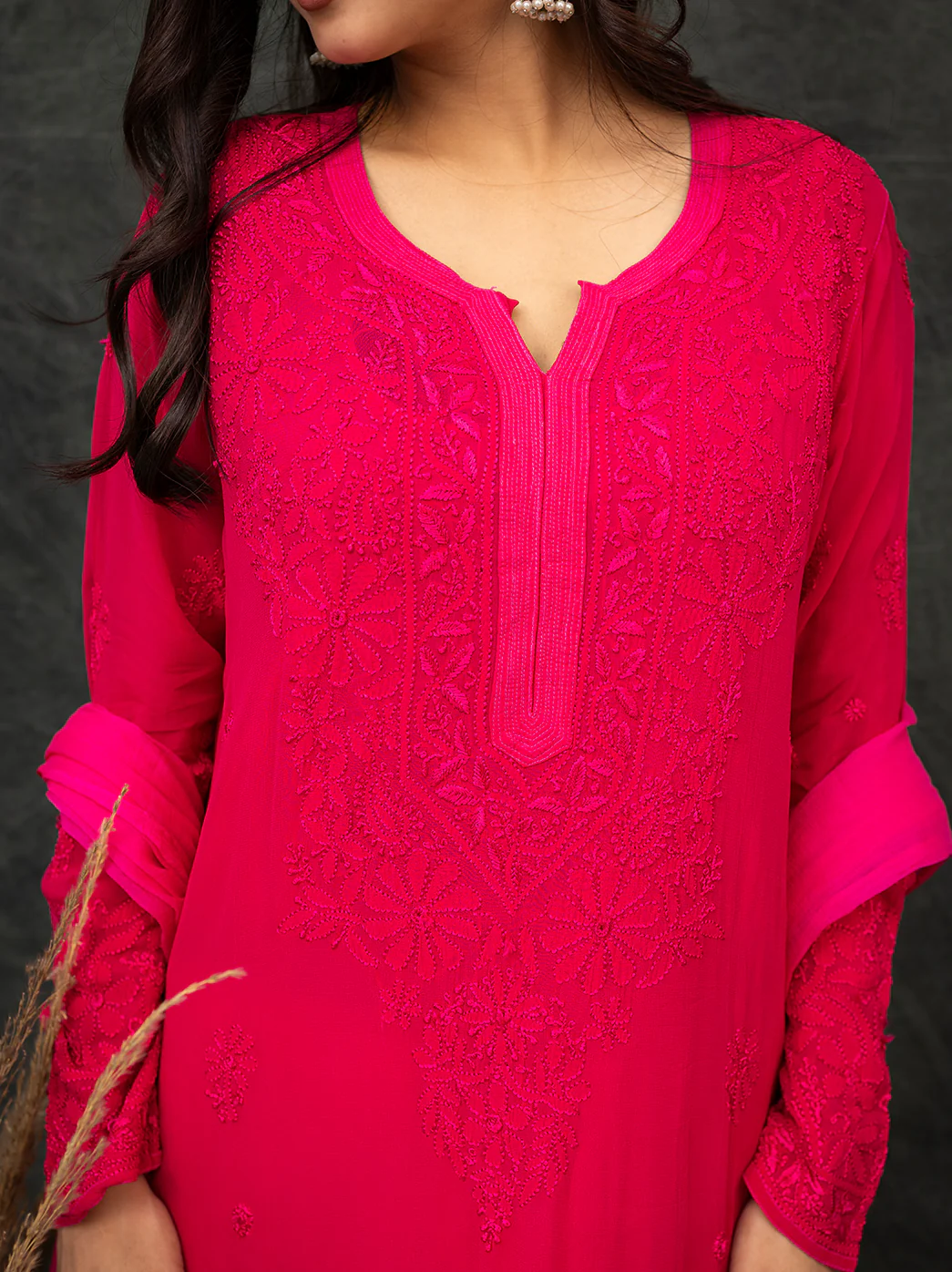 Nida Viscose Chikankari Straight Kurta Set with Dupatta -Hot Pink - Image 2