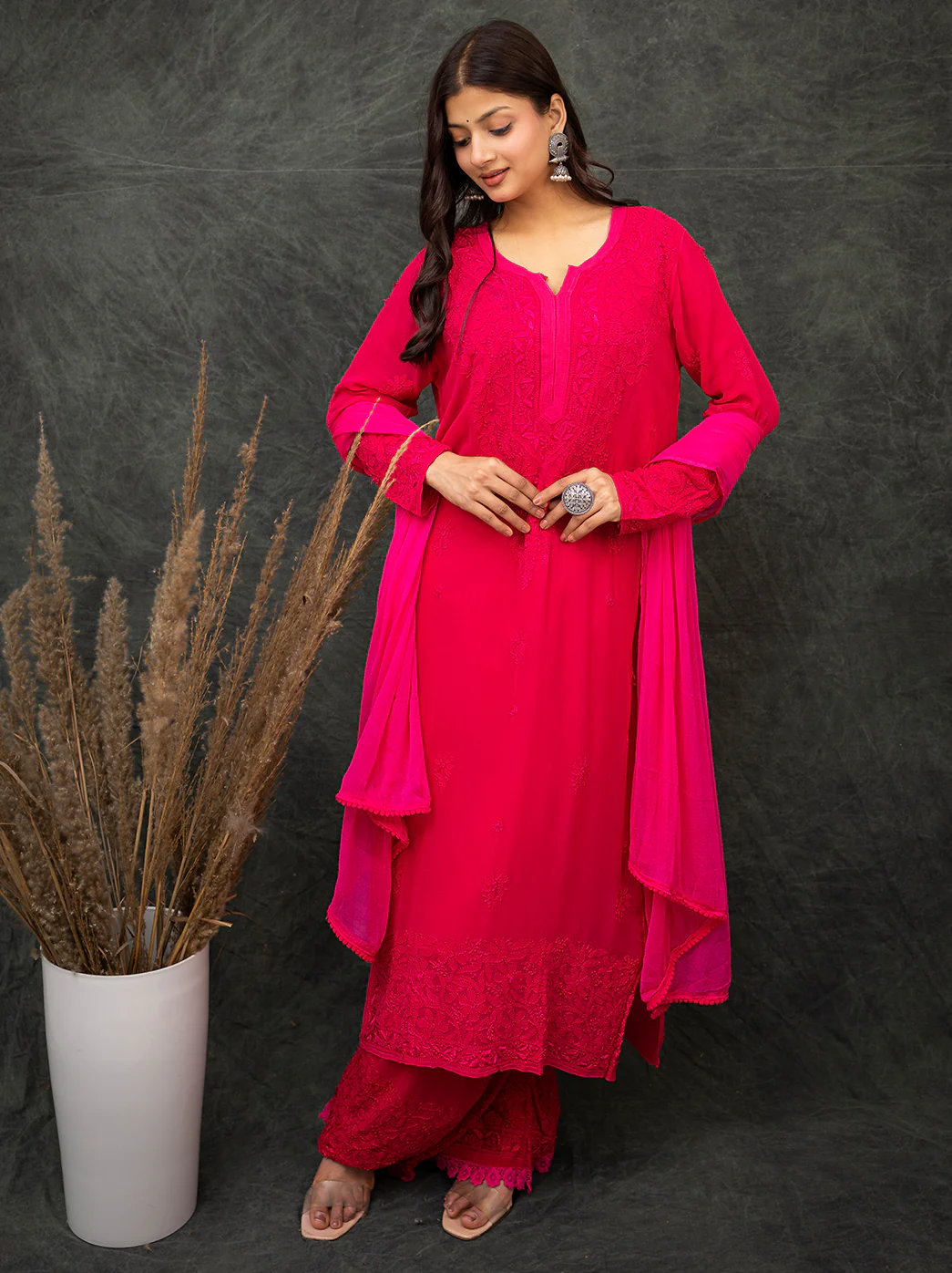 Nida Viscose Chikankari Straight Kurta Set with Dupatta -Hot Pink - Image 3