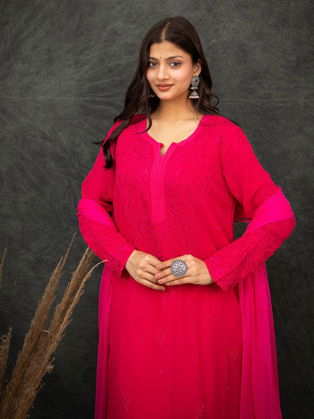 Nida Viscose Chikankari Straight Kurta Set with Dupatta -Hot Pink - Image 4
