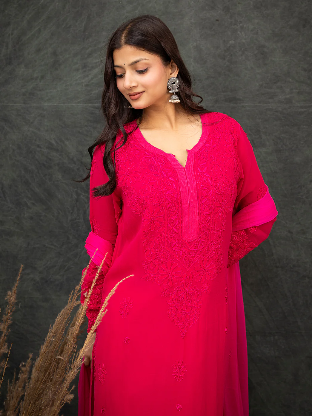 Nida Viscose Chikankari Straight Kurta Set with Dupatta -Hot Pink - Image 5