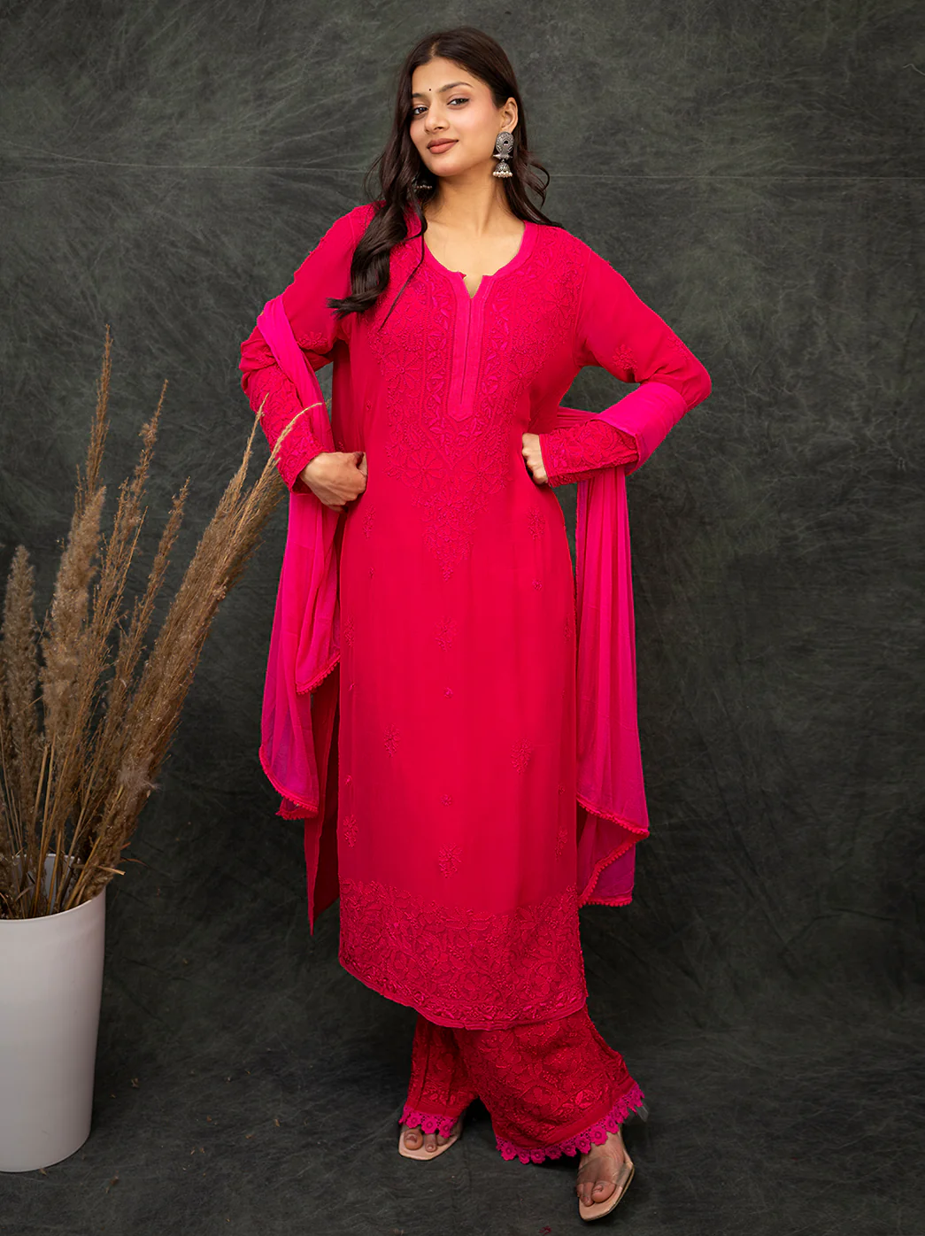 Nida Viscose Chikankari Straight Kurta Set with Dupatta -Hot Pink - Image 6