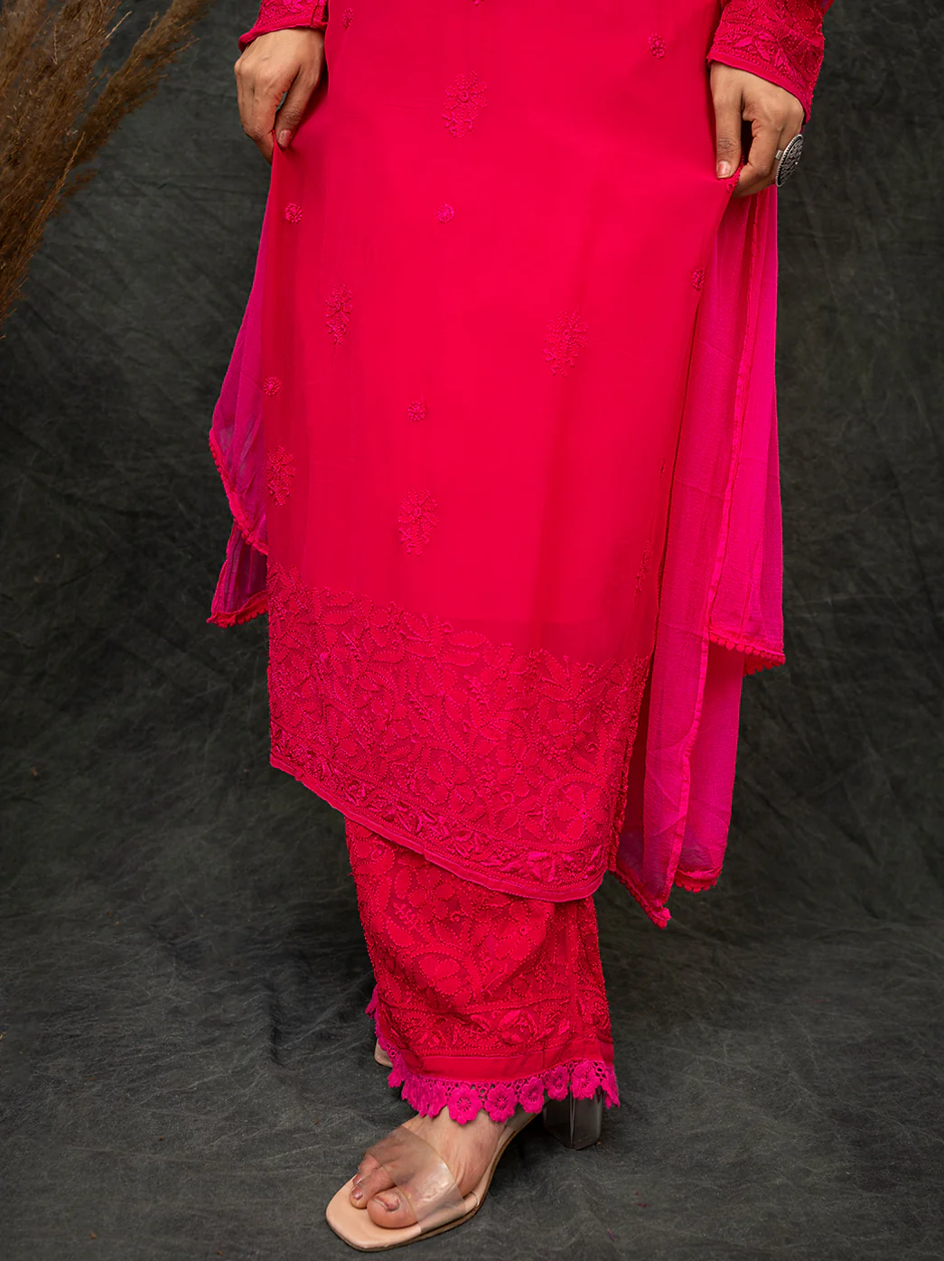 Nida Viscose Chikankari Straight Kurta Set with Dupatta -Hot Pink - Image 7