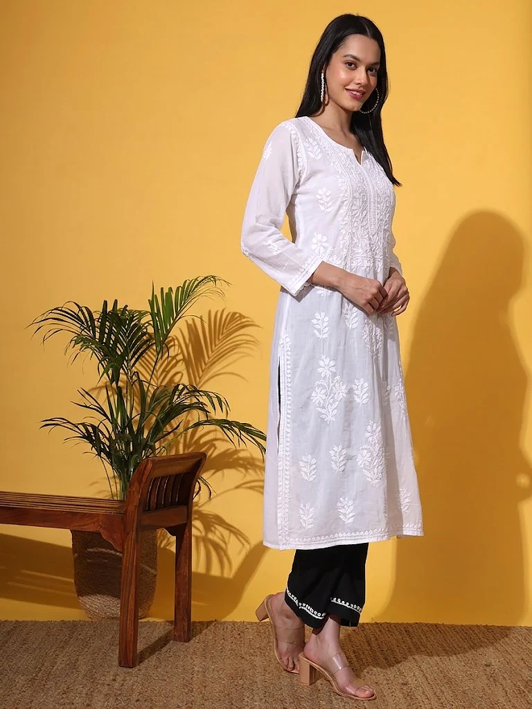 Nitara Chanderi Chikankari Straight Kurti - White - Image 3