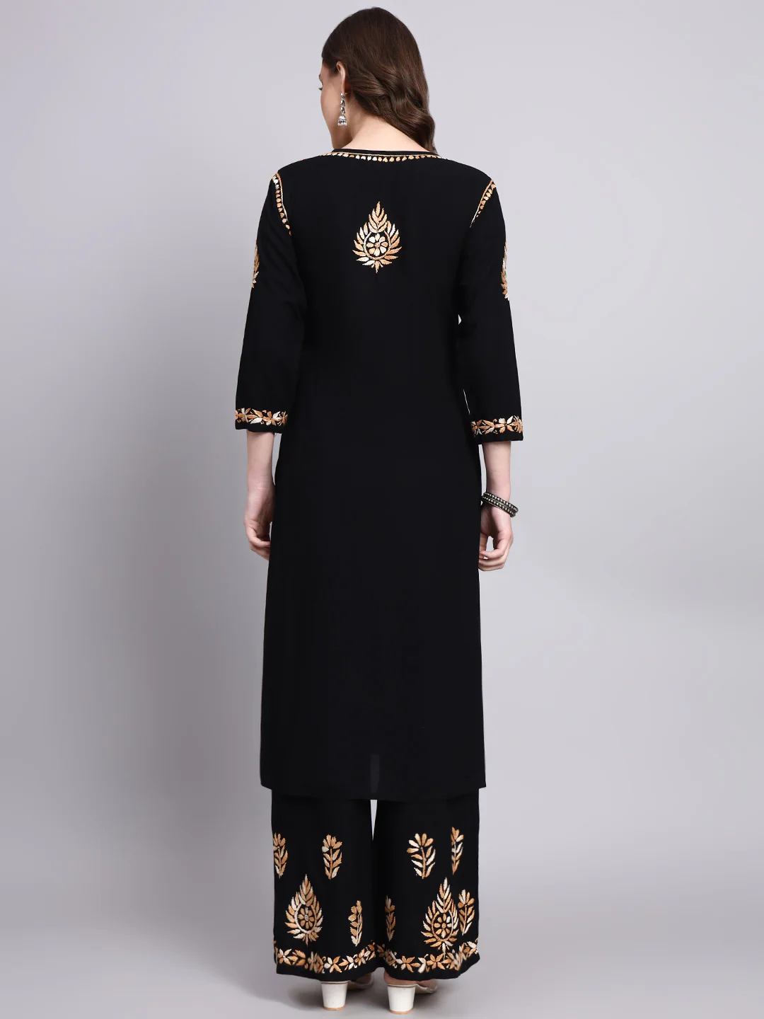 Niya Rayon Chikankari Kurti Palazzo Set - Beige - Image 3