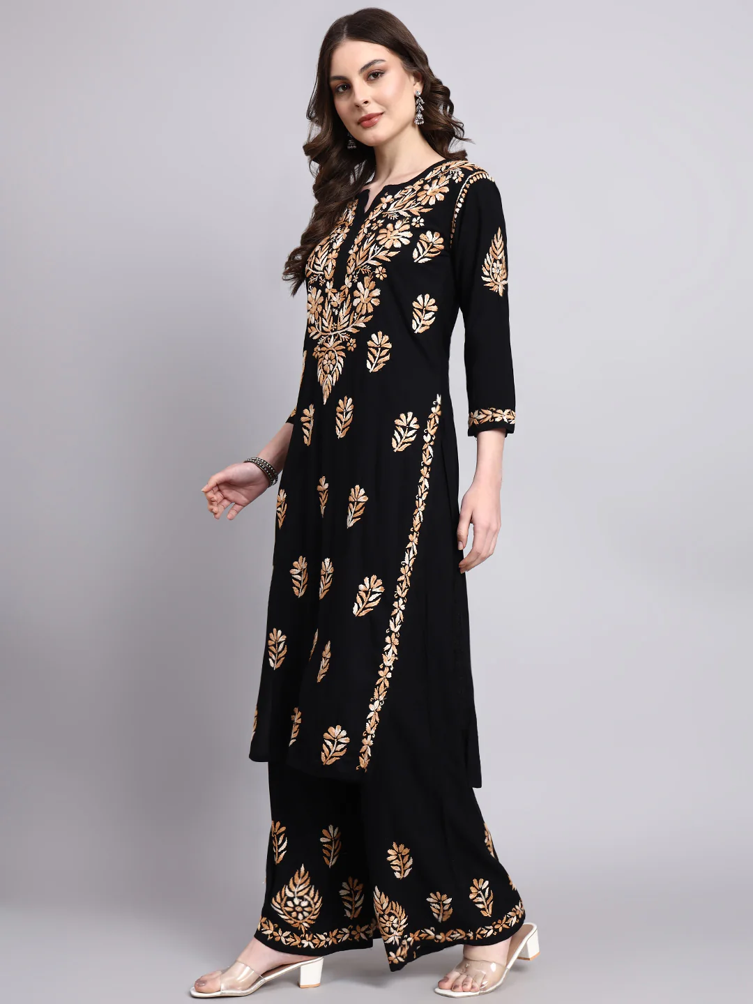 Niya Rayon Chikankari Kurti Palazzo Set - Beige - Image 4