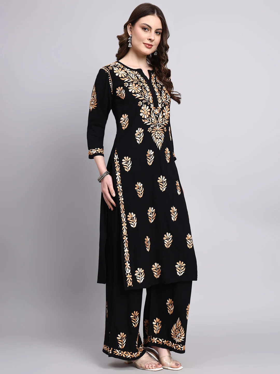 Niya Rayon Chikankari Kurti Palazzo Set - Beige - Image 5
