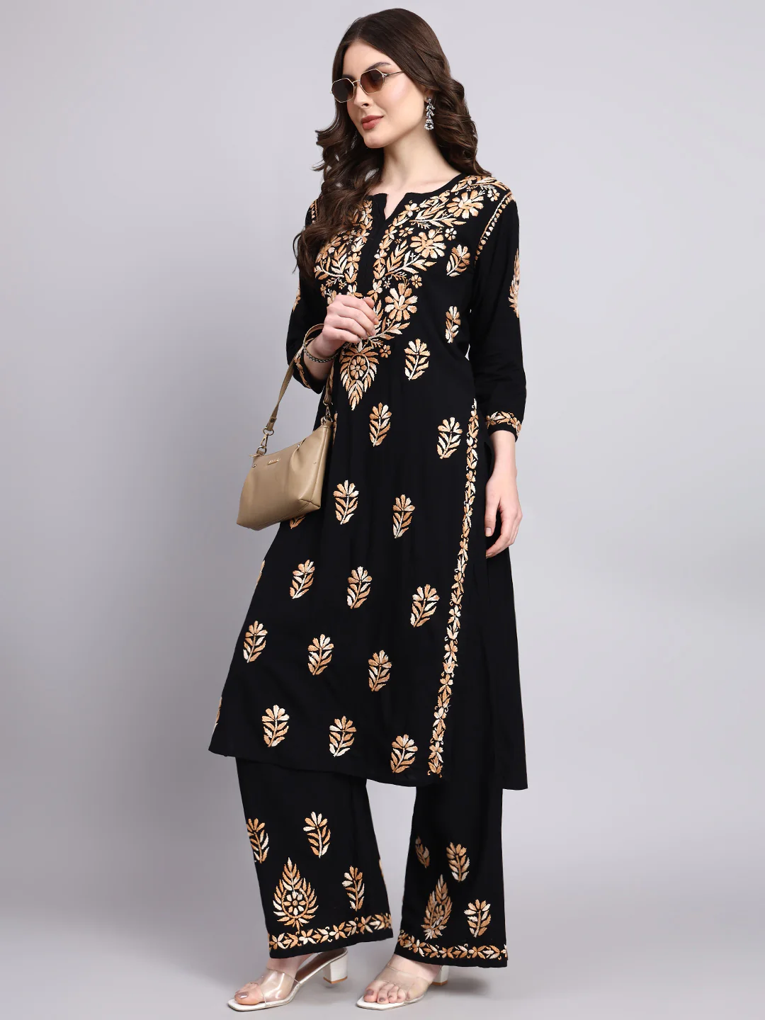 Niya Rayon Chikankari Kurti Palazzo Set - Beige - Image 6