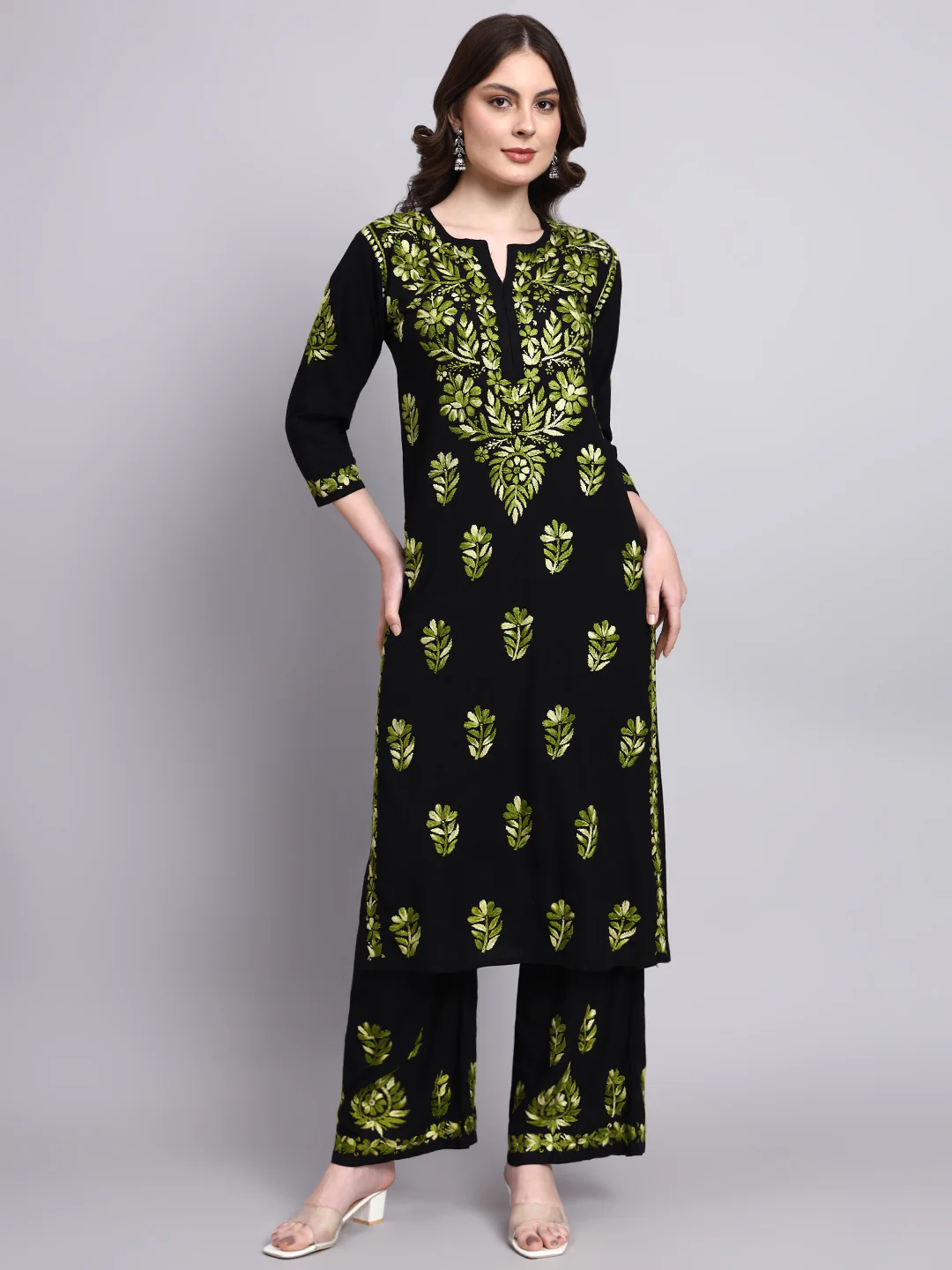 Niya Rayon Chikankari Kurti Palazzo Set - Green