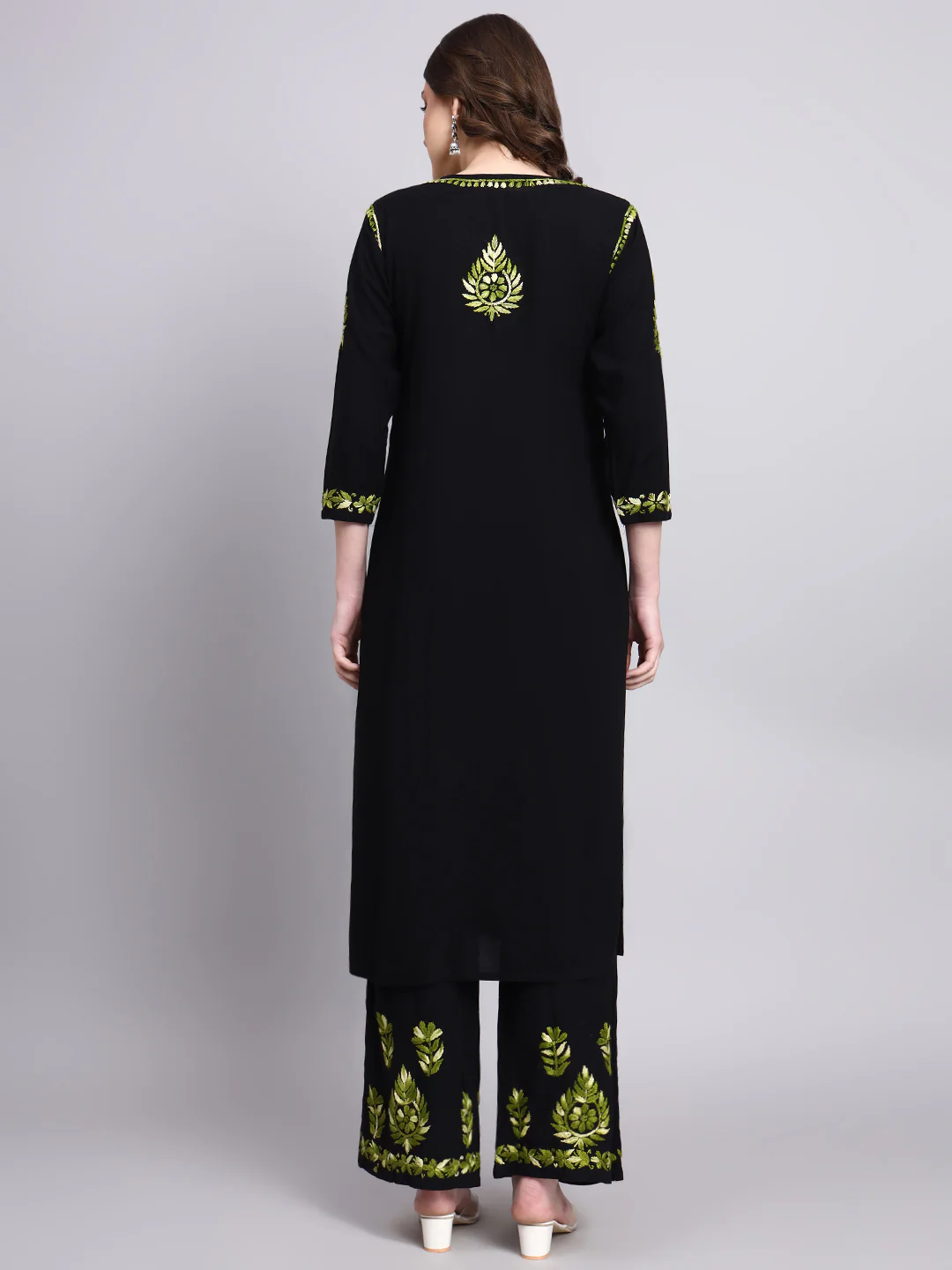 Niya Rayon Chikankari Kurti Palazzo Set - Green - Image 3