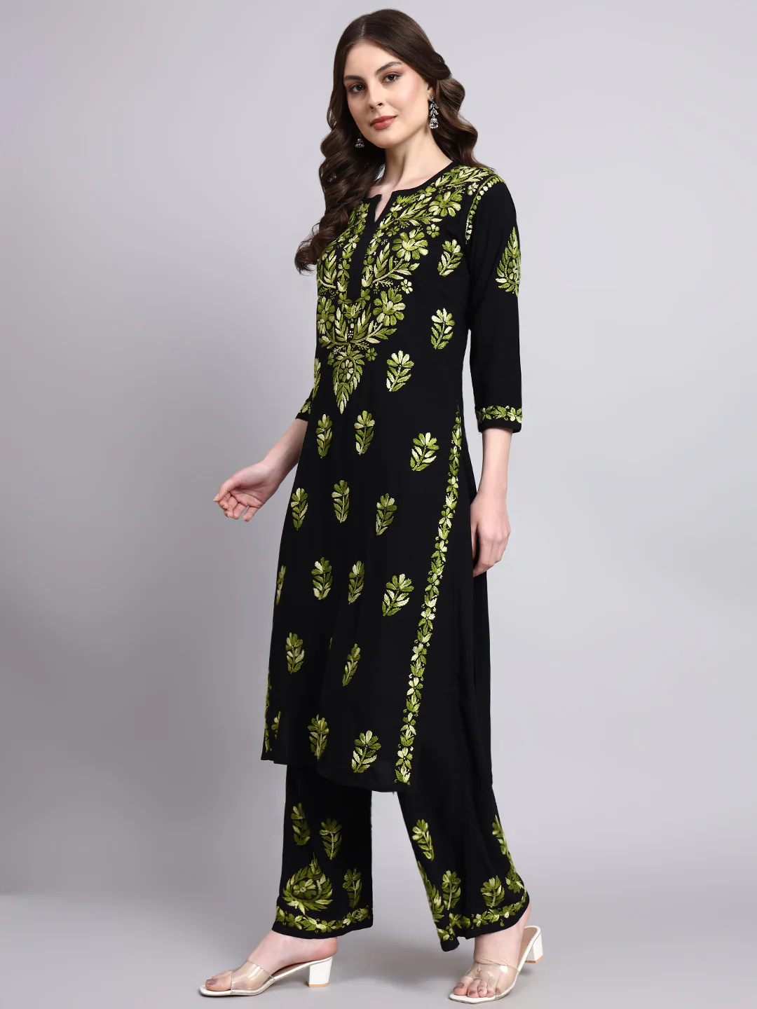 Niya Rayon Chikankari Kurti Palazzo Set - Green - Image 4