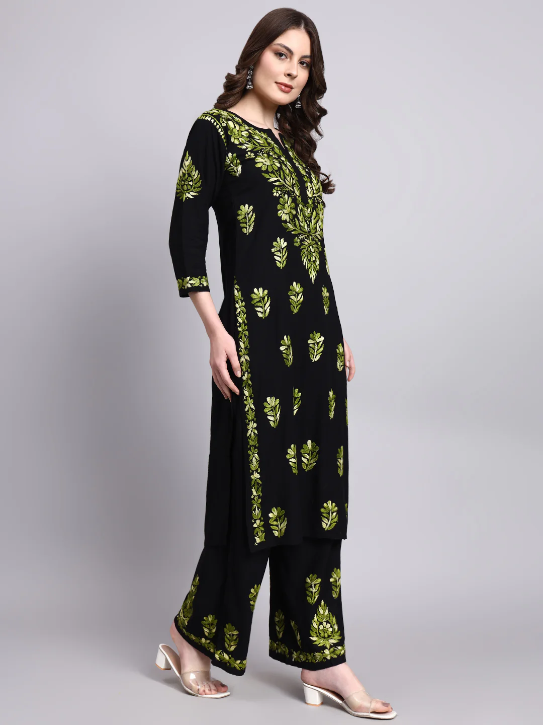 Niya Rayon Chikankari Kurti Palazzo Set - Green - Image 5