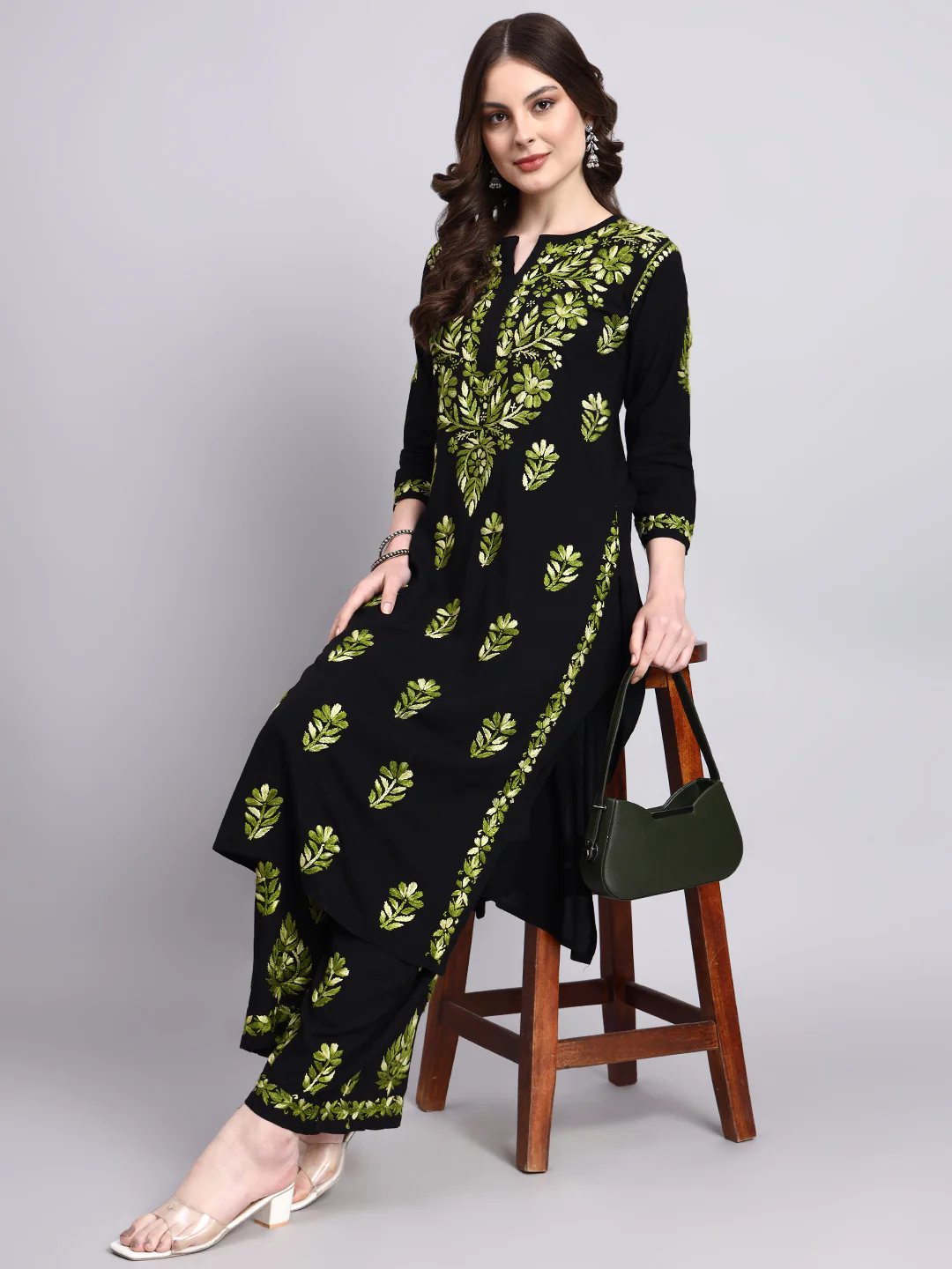 Niya Rayon Chikankari Kurti Palazzo Set - Green - Image 6